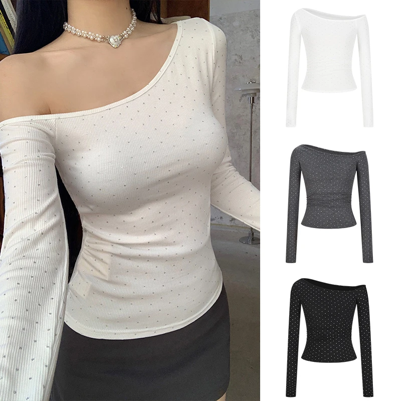 Moses Queen/魔西女王美式辣妹波点斜领长袖显瘦掐腰T恤打底衫女