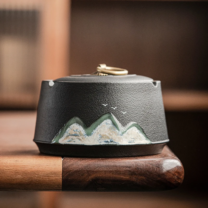 圣藏烟灰缸家用客厅办公室高级感小众陶瓷带盖防飞灰创意茶道配件