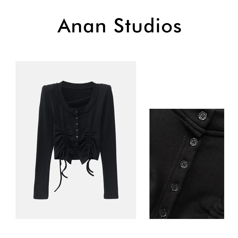 【春日信笺】新款U领排扣皱褶抽绳修身短款磨毛上衣（带垫肩）★