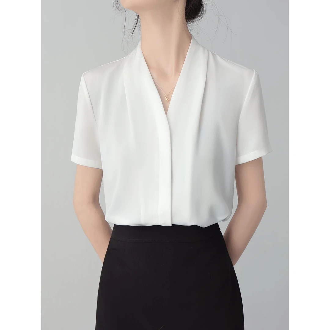 短袖雪纺白衬衫V领气质女士上衣夏季高级感轻奢减龄洋气通勤衬衣