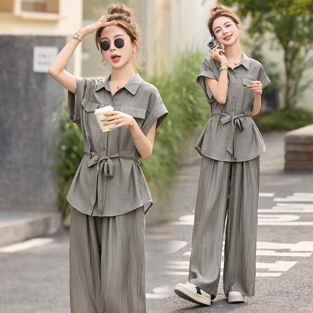 老钱风松弛感套装女2025夏新款轻熟气质休闲短袖衬衫阔腿裤两件套