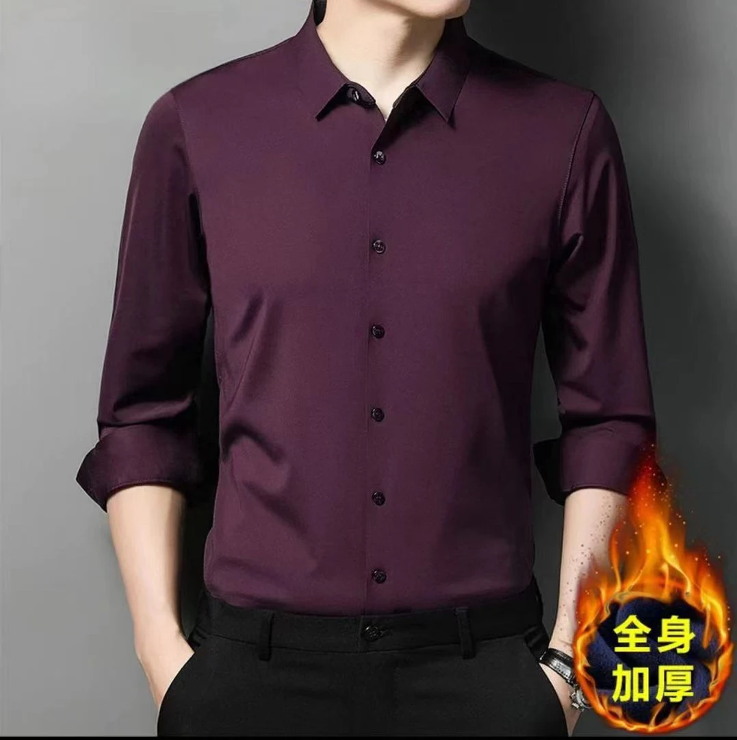 8902男士长袖免烫红色时尚加绒穿搭保暖衬衫秋季男士免烫修身蔷薇