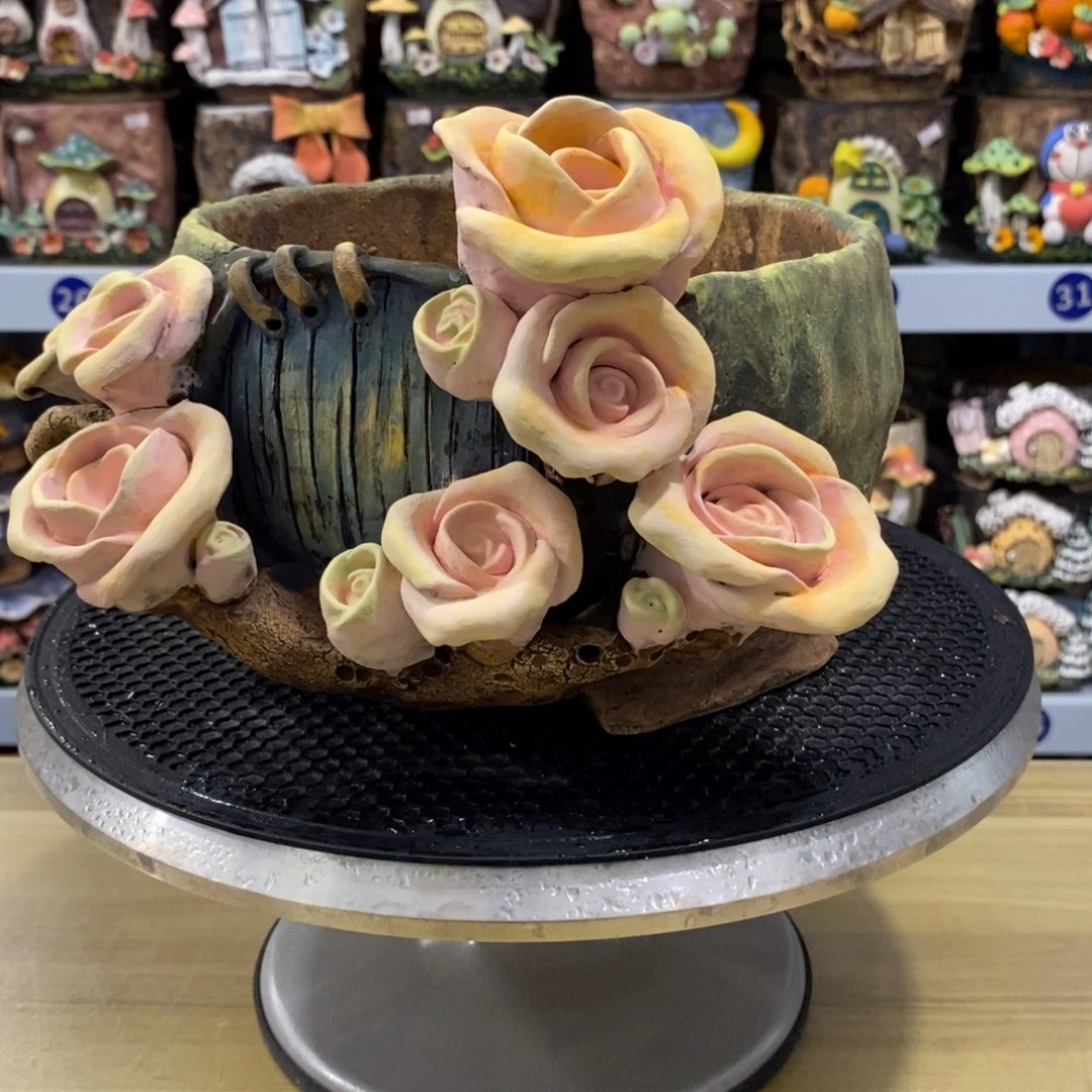 凡***尘白狐粗陶手捏花盆