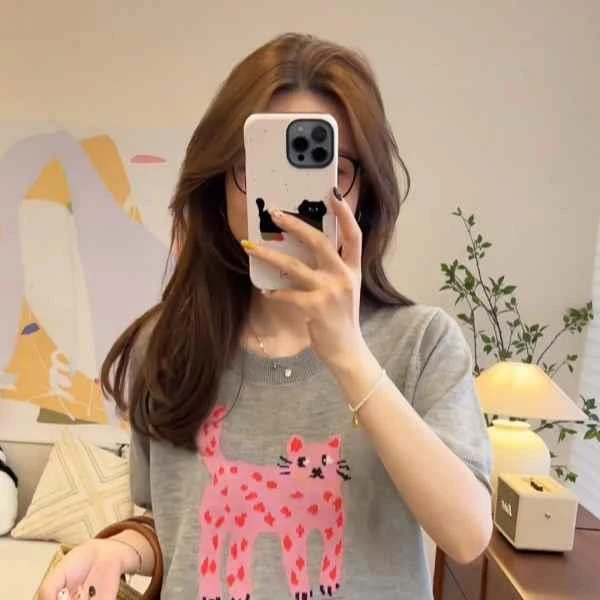 俏皮猫猫体恤上衣2025年夏季新款卡通圆领竹节麻短袖t恤女高级感