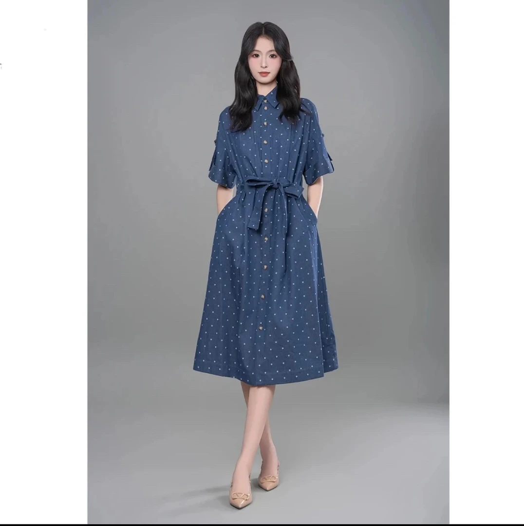 商场同款新款潮流时尚复古波点工装短袖牛仔连衣裙女 5500590