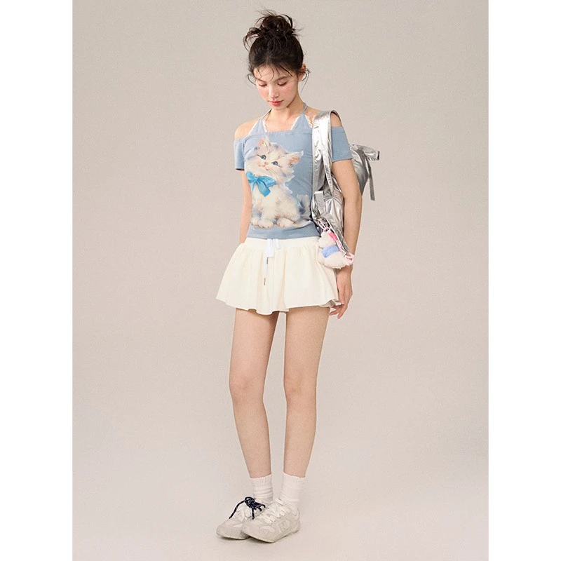 Soote Season原创设计白色芭蕾风松紧绳针织百搭低腰半身裙裤女