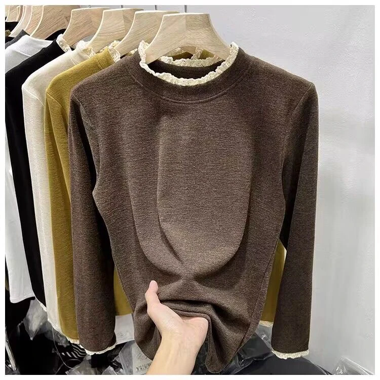 秋冬德绒保暖上衣内搭打底衫女设计感半高领韩版修身内搭长袖t恤