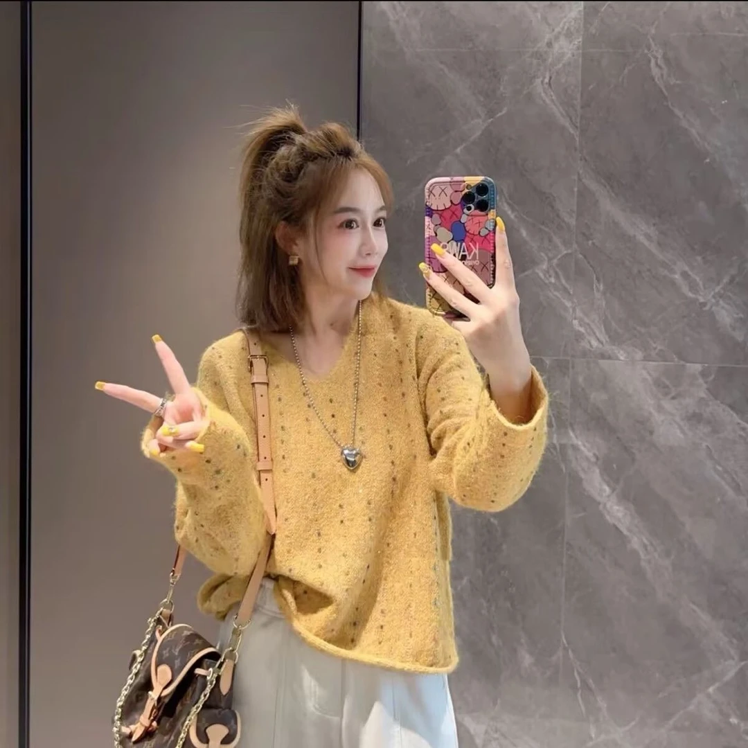 彩色亮片V领毛衣女款爆款2025秋季新款洋气高级感慵懒风针织衫女