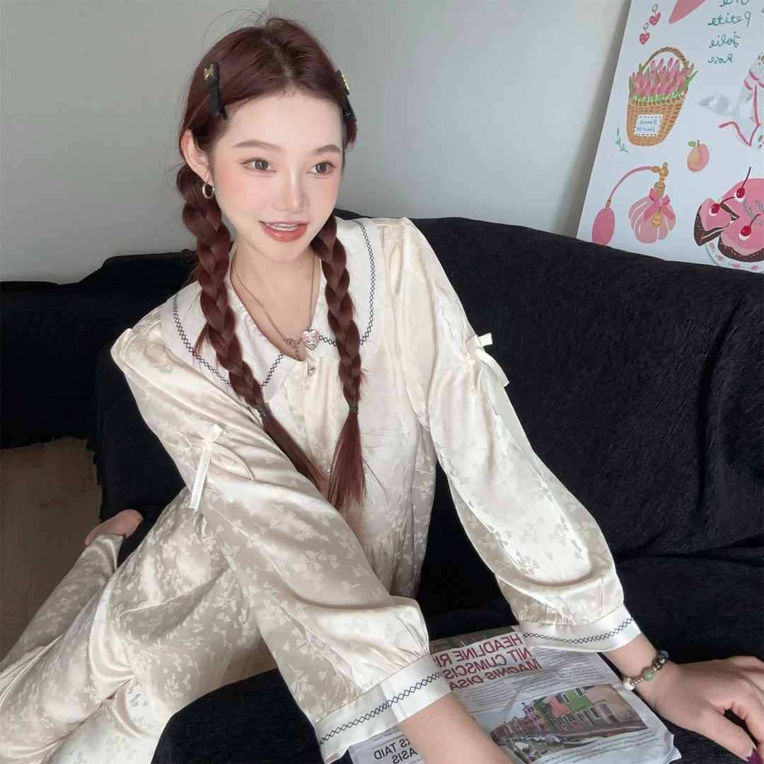【粉翎之梦】春秋新款新中式睡衣女冰丝小翻领高级感印花YS家居服