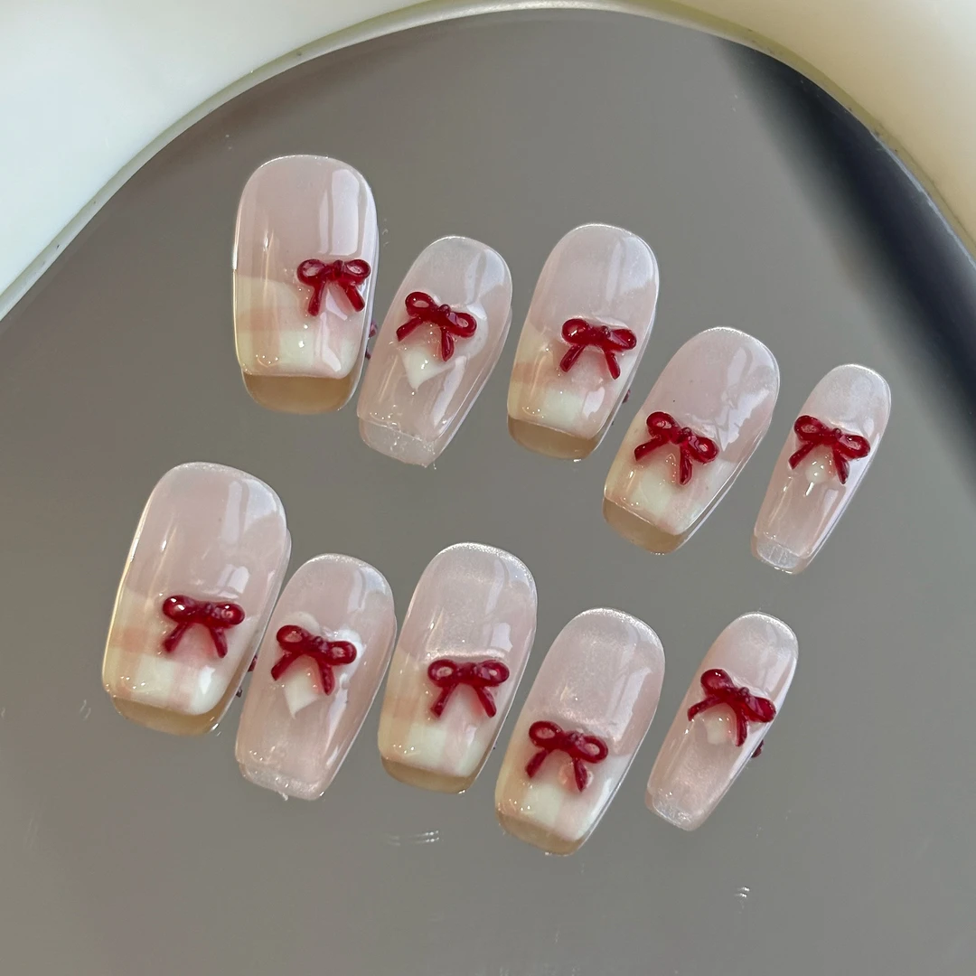 纯手工【甜心草莓】可爱蝴蝶结少女心裸色法式格纹甜美学生穿戴甲