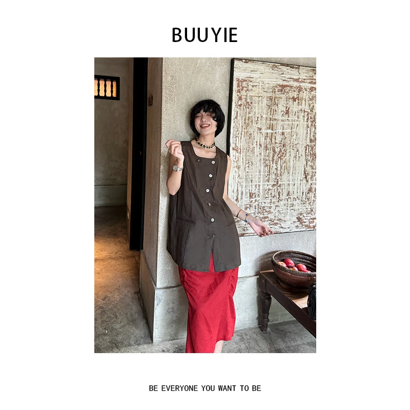 BUUYIE 25SS【森语‌】小众设计100亚麻咖色马甲 250703