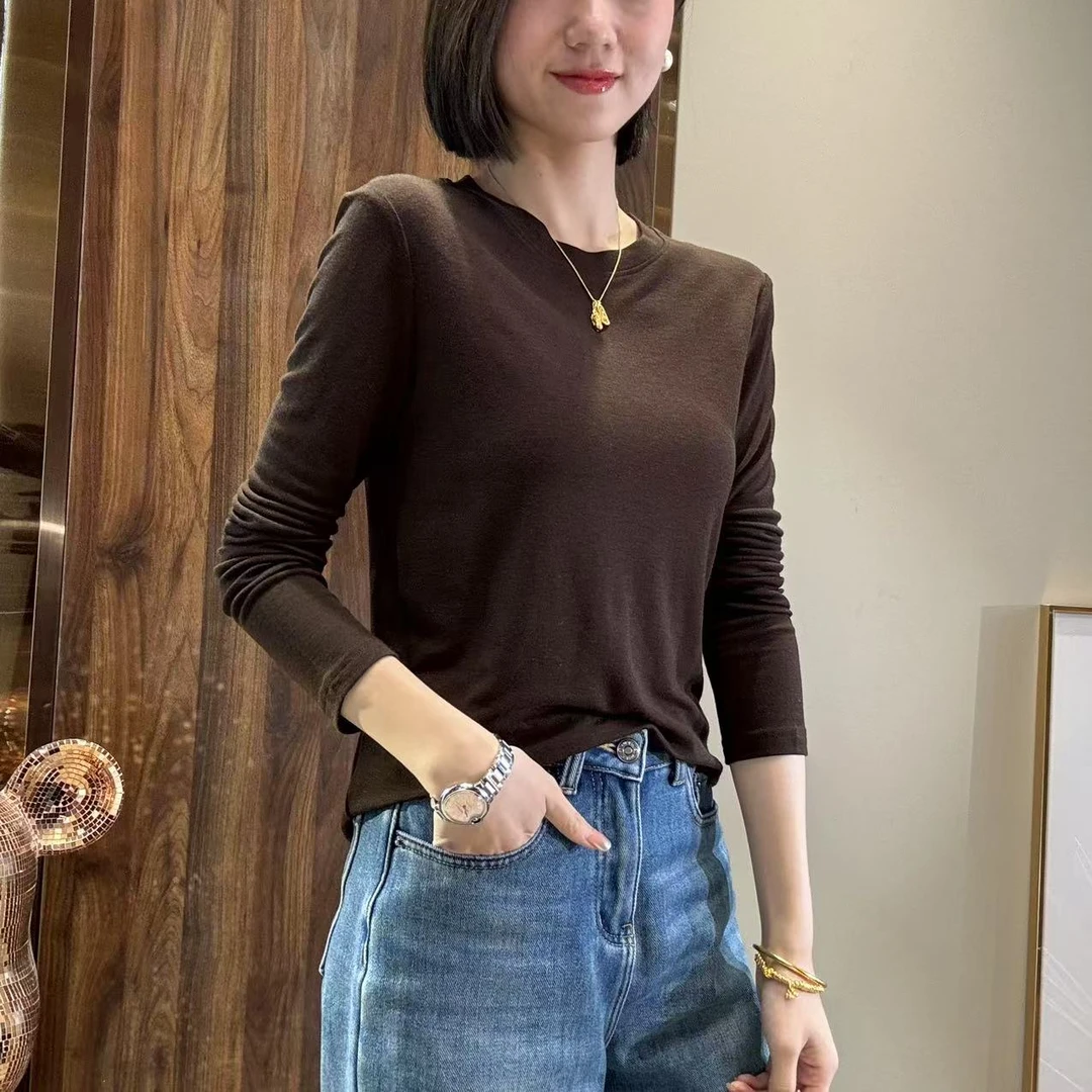 MINGGANG/名港【天丝+绵羊毛】显瘦长袖纯色圆领百搭打底衫38001