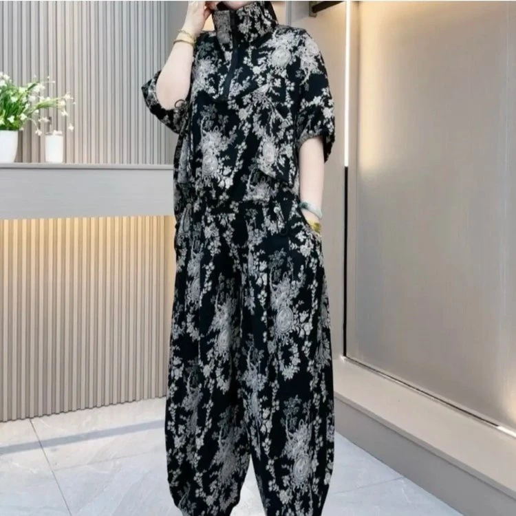 潮流休闲套装大码女装夏季宽松遮肚上衣复古印花气质哈伦裤两件套