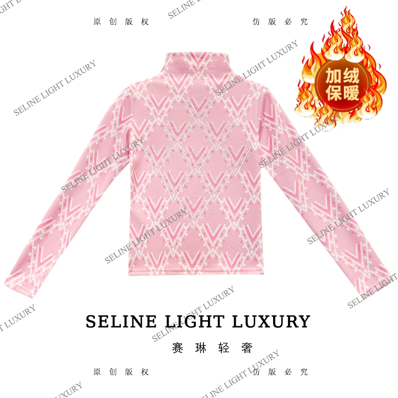 【25Q-806】太 2025 SELINE 新款轻奢粉色V字母印花高领加绒长袖T恤