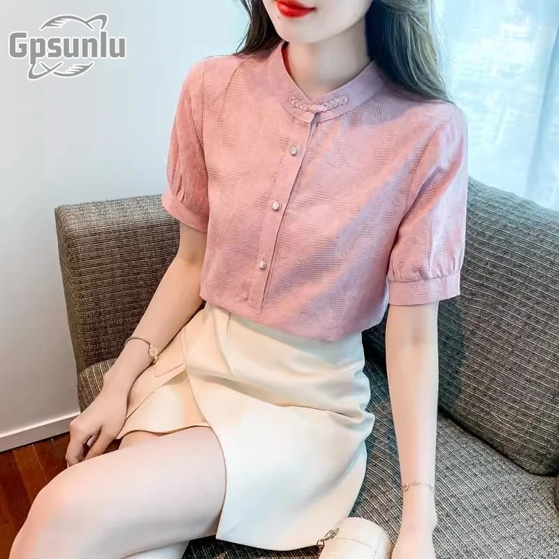 gpsunlu立领设计感女士衬衫女装夏季新款高级感时尚女款缎面衬衫