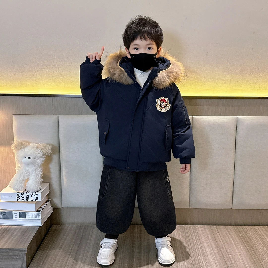 儿童棉服男童加厚派克服外套冬季2025新款帅气男宝宝加绒毛领棉衣