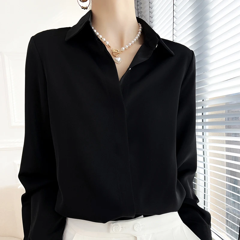四季通用丝滑高级感简约通勤优雅隐形扣衬衫春秋长袖黑色上衣衬衣