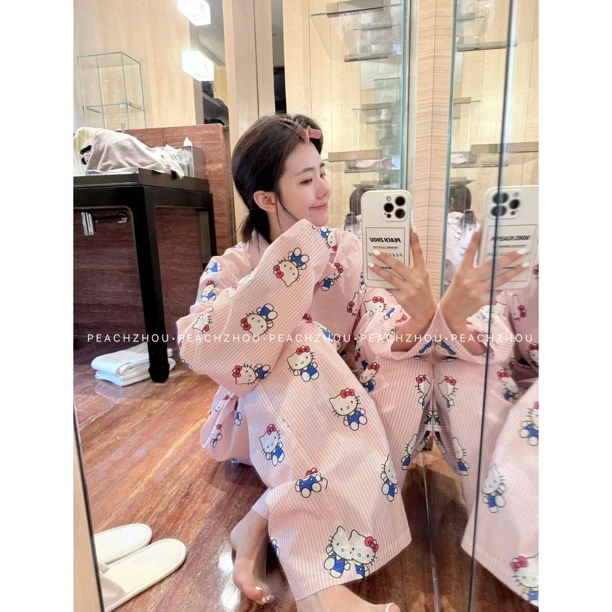 PEACHZHOU 纯棉KT猫印花宽松长袖松紧腰长裤减龄睡衣家居服套装