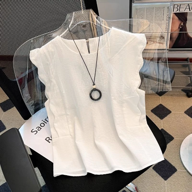 白色荷叶边无袖时尚衬衫女夏薄款2025新款法式绝美小上衣漂亮小衫