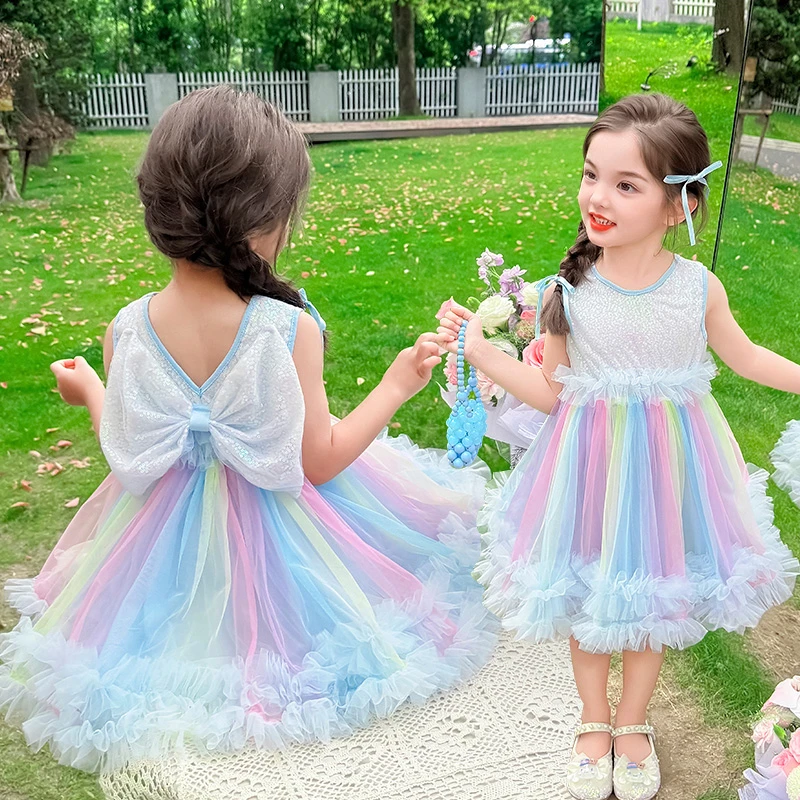 女童彩虹网纱连衣裙夏季新款洋气小女孩公主裙宝宝蓬蓬纱礼服裙子