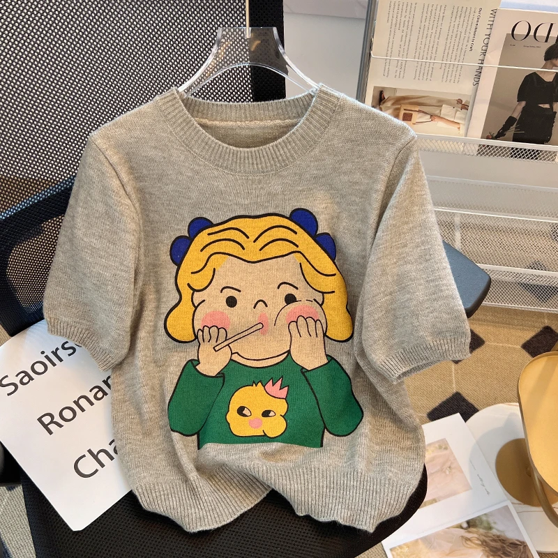 减龄卡通印花女孩针织短袖T恤女秋夏2025新款休闲圆领显瘦上衣潮