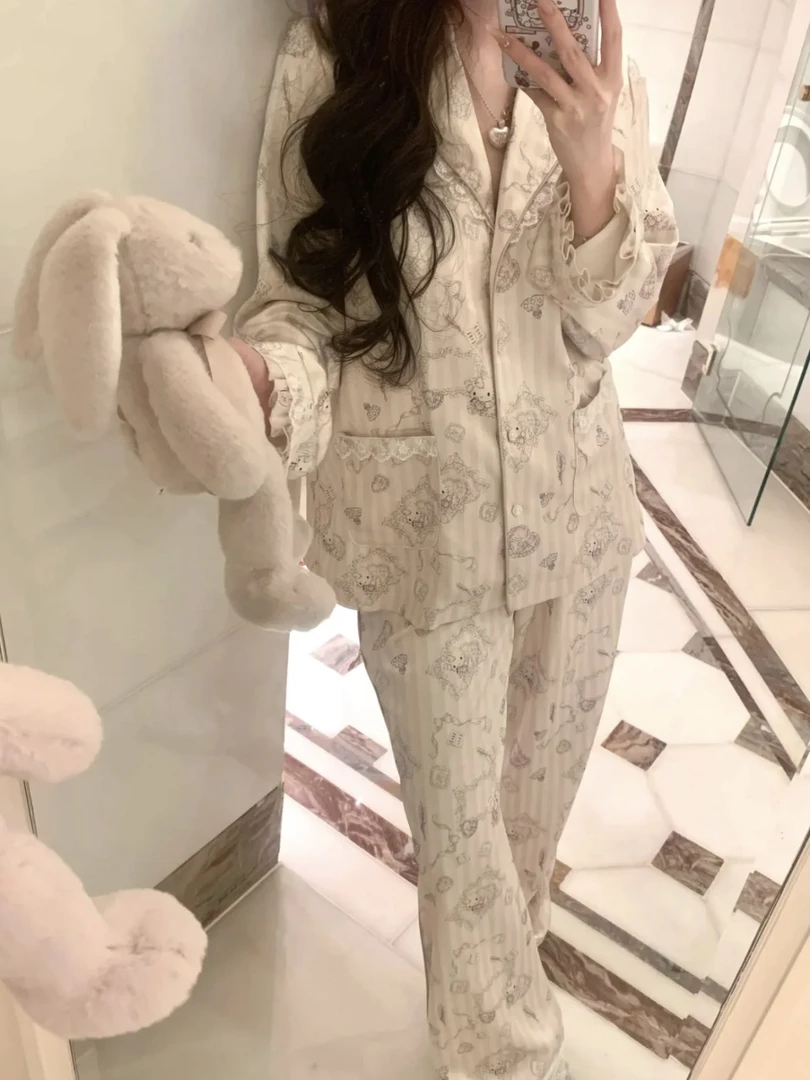 【少女kt现货～】春季丝款睡衣家居服可爱少女缎面印花女可外穿