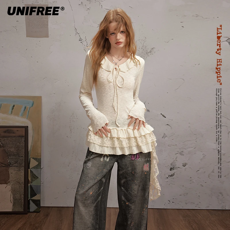 UNIFREE针织肌理感长袖T恤25年早秋新款娃娃领蕾丝拼接荷叶边上衣