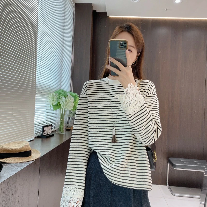 IMFLY金小金自制女装 T恤DYW8769早春宽松蕾丝拼接长袖条纹打底衫