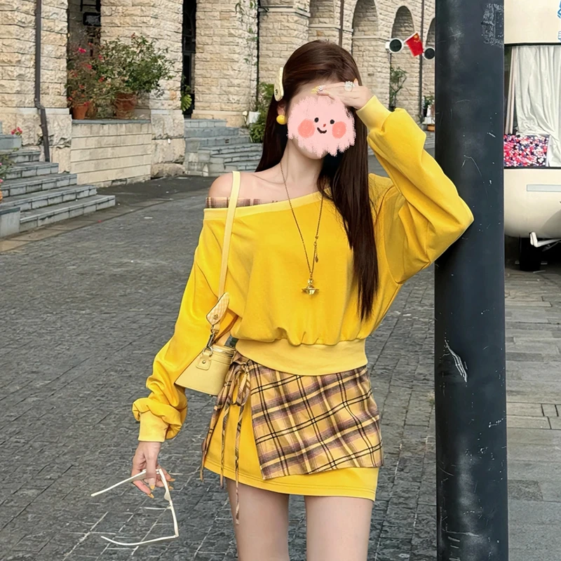 【港畔棕情】拼接露肩长袖上衣女A字系带格纹半裙秋季时尚套装