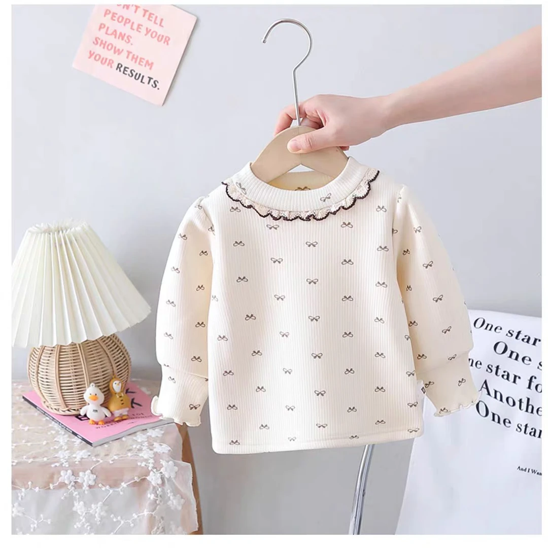 女宝宝加厚一体绒长袖T恤女婴儿秋冬装女童质感加绒蝴蝶结打底衫T