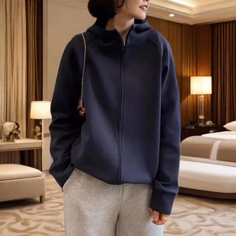 春秋藏青卫衣开衫拉链外套百搭大码新款小个子休闲运动服连帽上衣