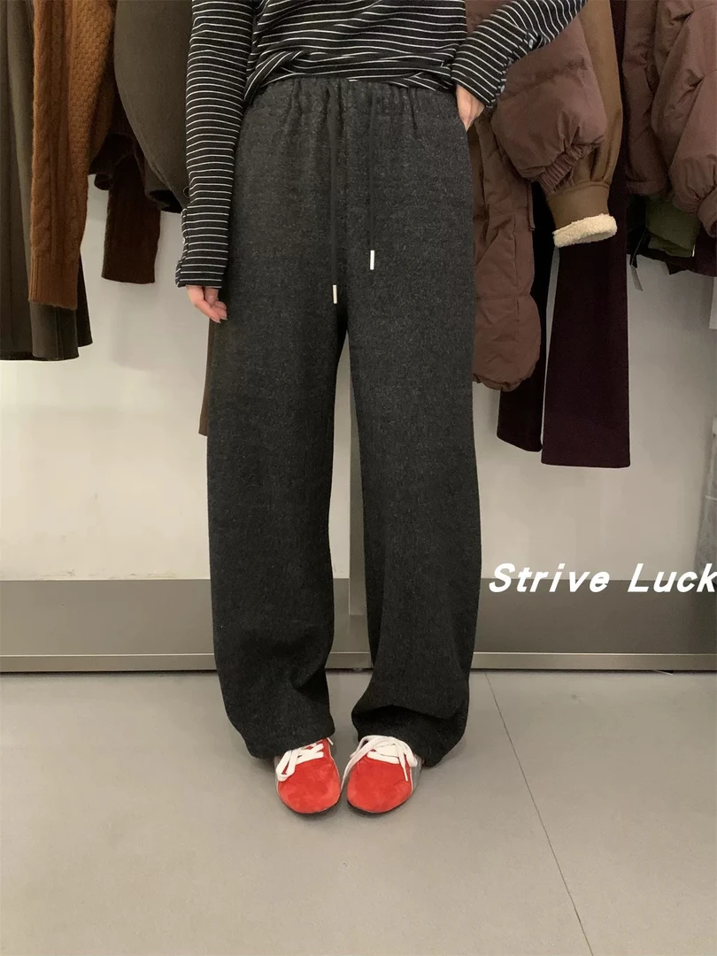 大荣家～深灰保暖加绒松紧腰阔腿裤630