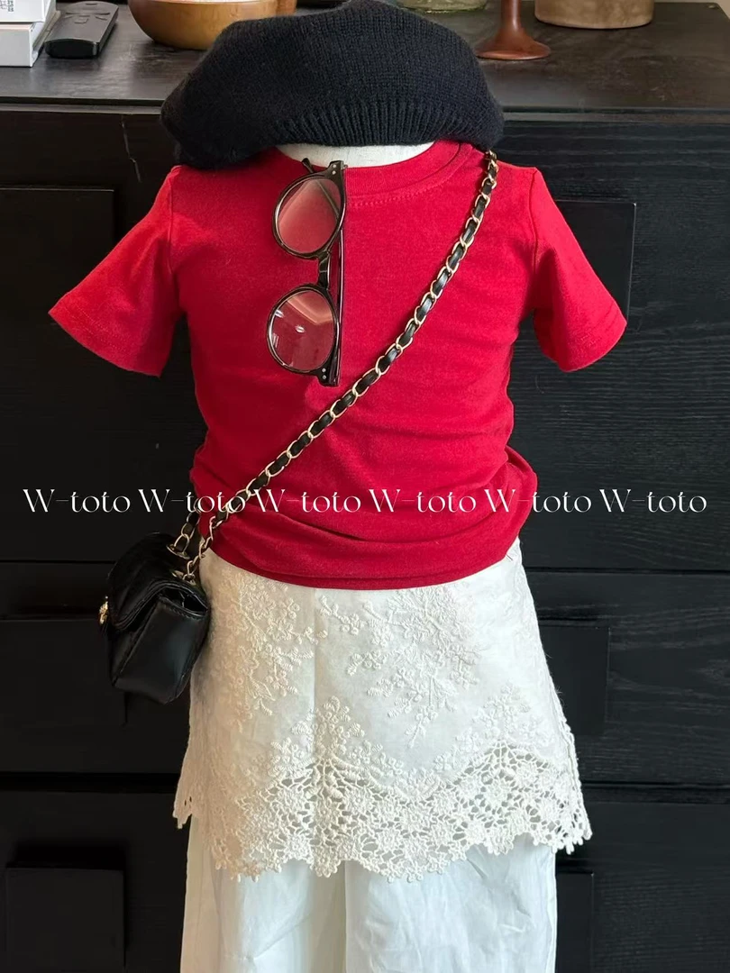 苹果牛奶 | 韩版女童童装红色露腰T恤白色屁帘阔腿裤清凉夏季套装