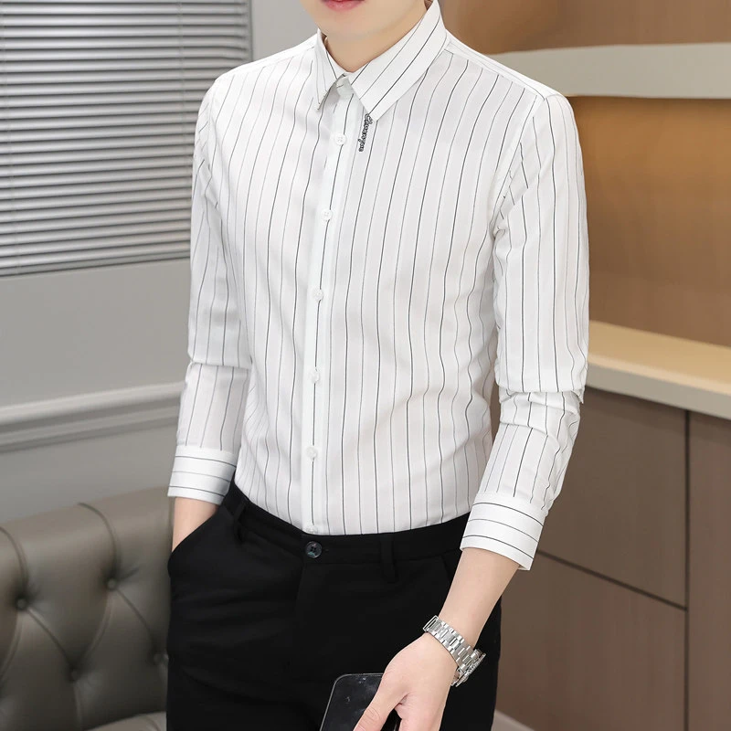男士长袖商务休闲衬衣修身免烫男寸衫春秋季薄款百搭条纹衬衫上衣