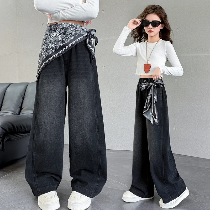 女童加绒裤子秋冬新款中大童时尚静奢风常规款黑色复古宽松牛仔裤