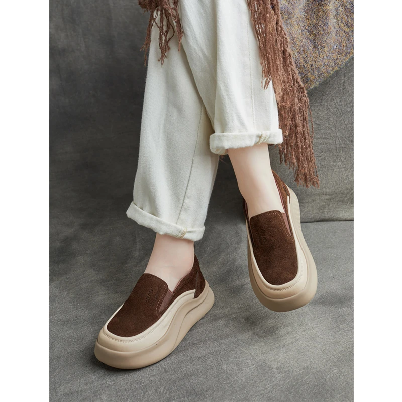 2025年秋季新款圆头英伦风真皮套脚厚底弹力松紧休闲单鞋一脚蹬鞋