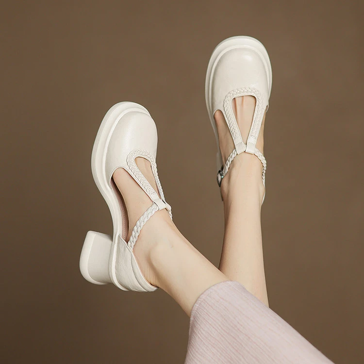 7.5公分羊皮米白色厚底防水台高跟包头凉鞋女真皮粗跟小众女鞋子
