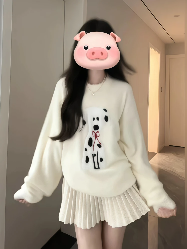 韩系一整套ootd穿搭独特秋冬漂亮圆领针织衫毛衣百褶短裙两件套装