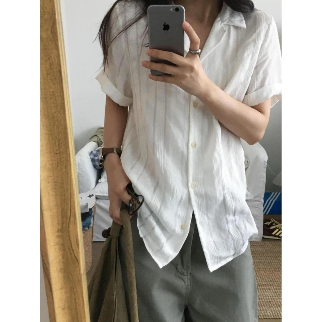 夏季新款凉爽透气棉质短袖衬衫女休闲宽松百搭条纹衬衣小众上衣潮