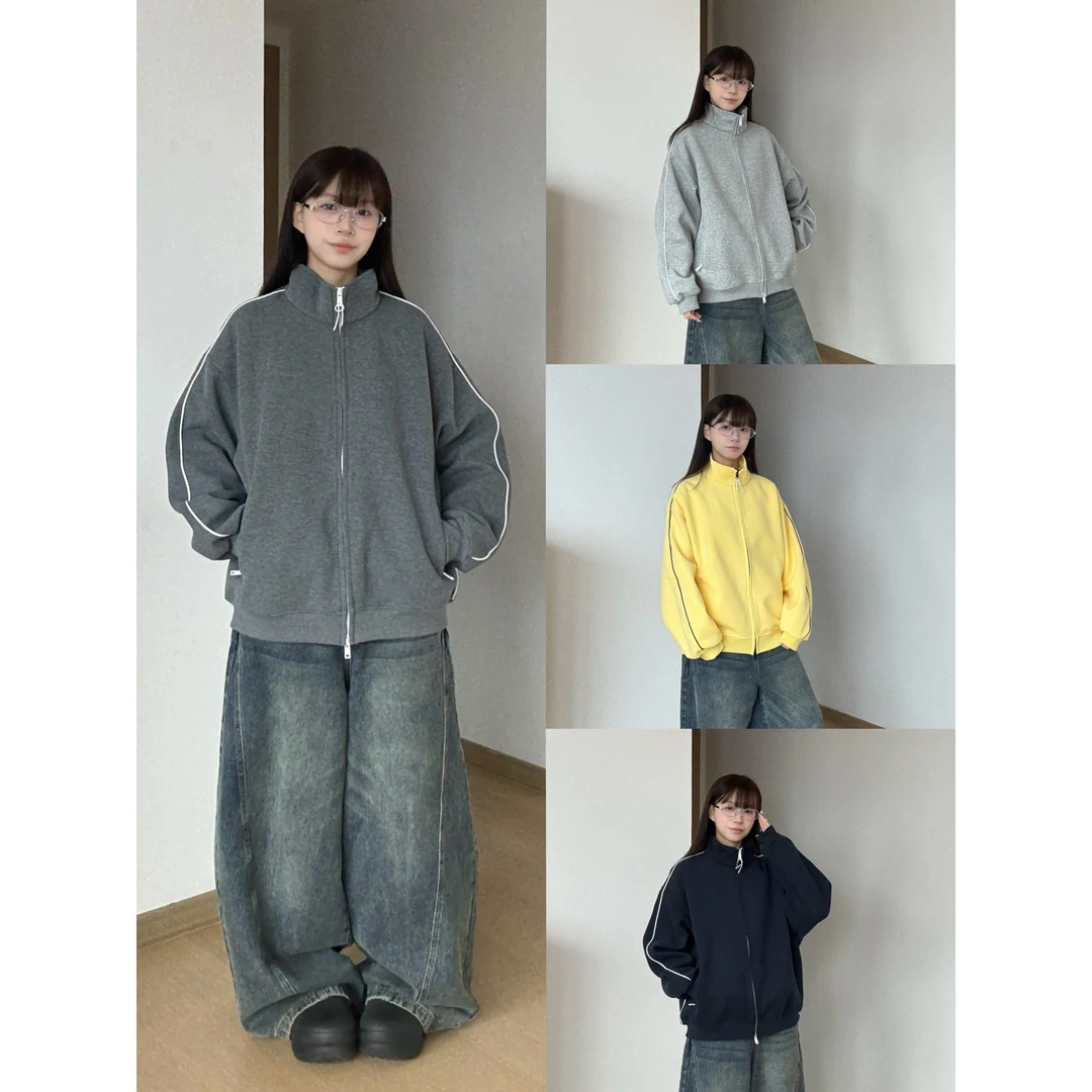 秋冬新款运动风落肩袖外套宽松外套韩版立领休闲风男女款夹克开衫