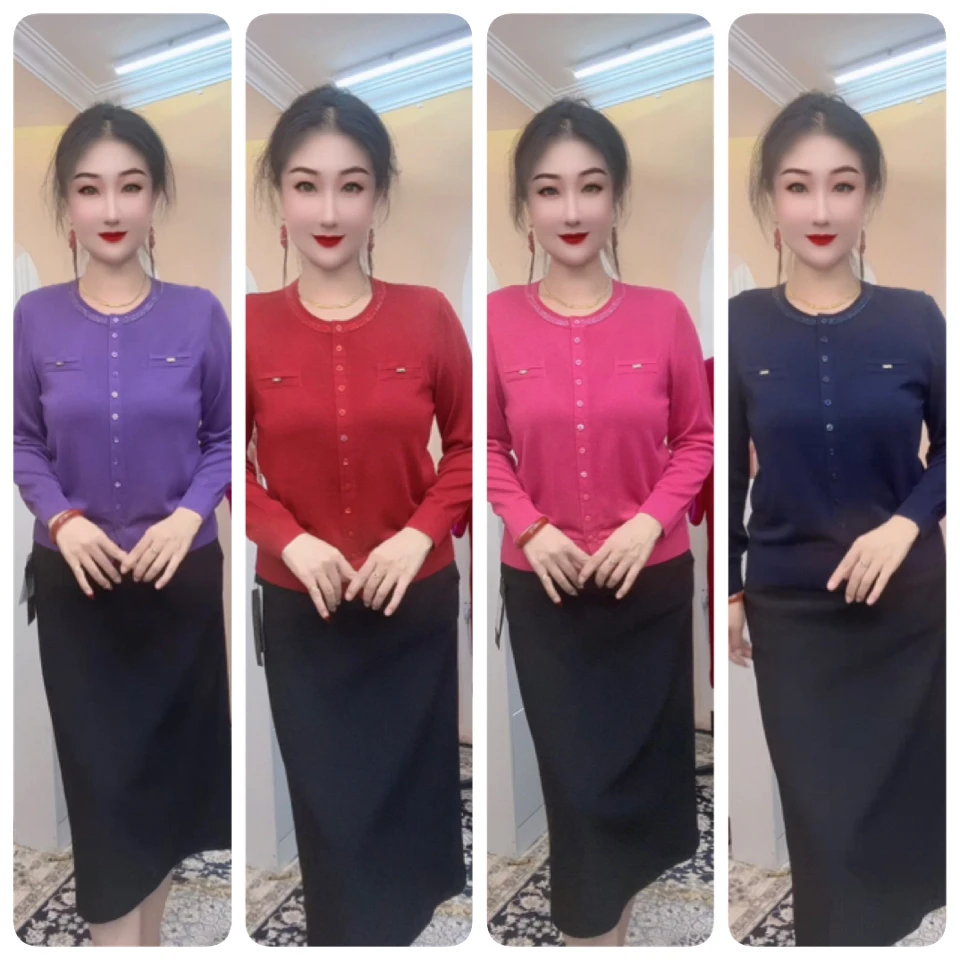 早秋新款圆领纯色烫钻莱赛尔长袖针织衫女款