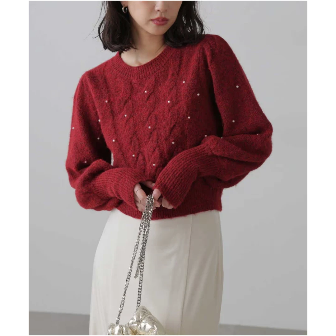 【Montendre】 F 秋季新款 时尚手工钉珠泡泡袖罗纹针织上衣