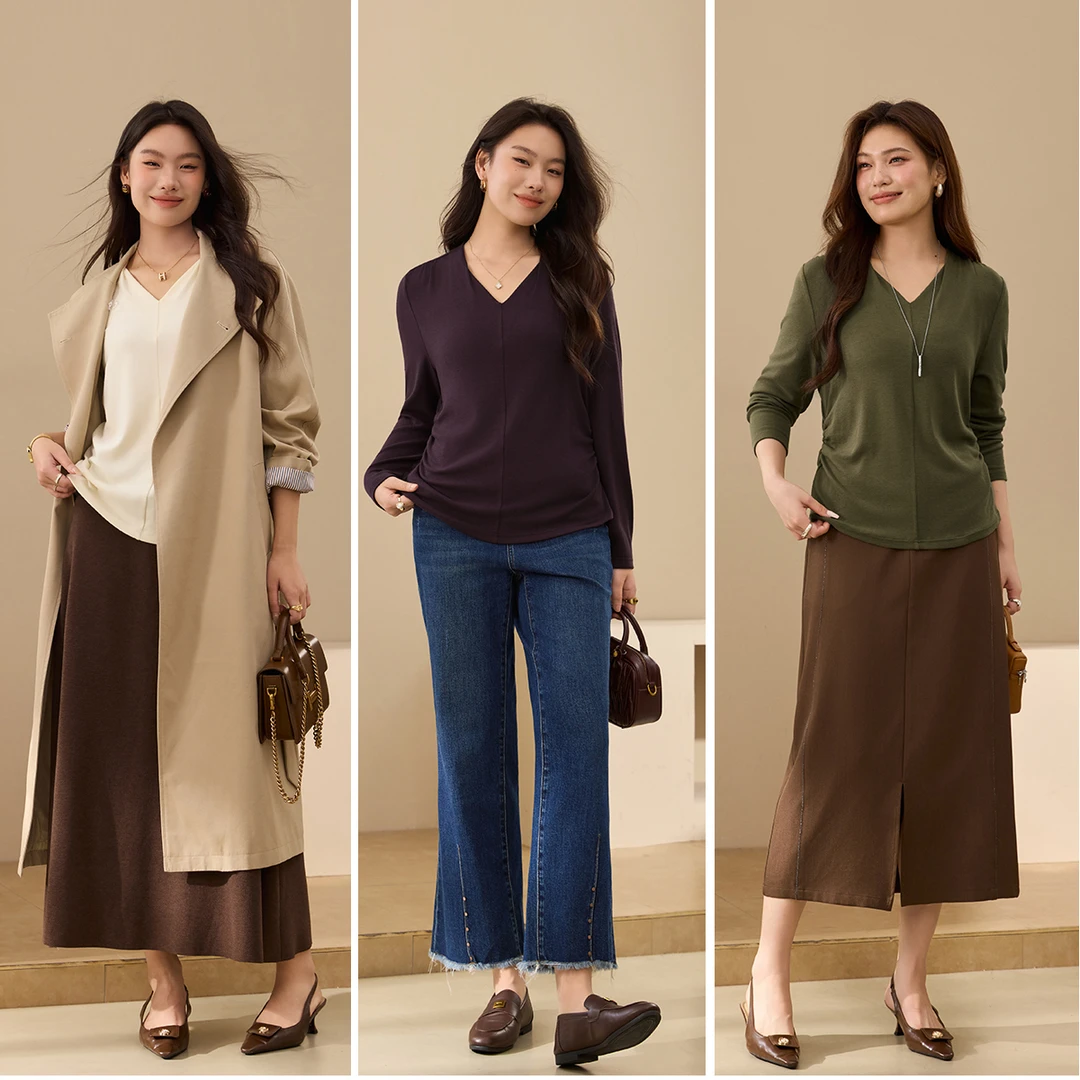 【轻熟风V领针织衫】纤莉秀大码女装流光风气质显瘦秋款上衣QK3450