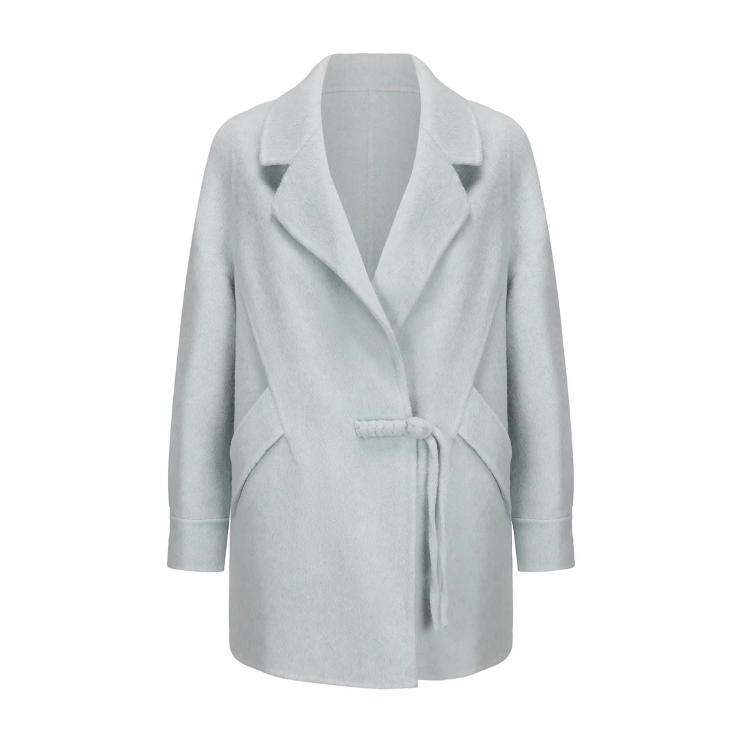 《香香严选》蓝色2443中式盘扣羊毛大衣秋冬廓形外套