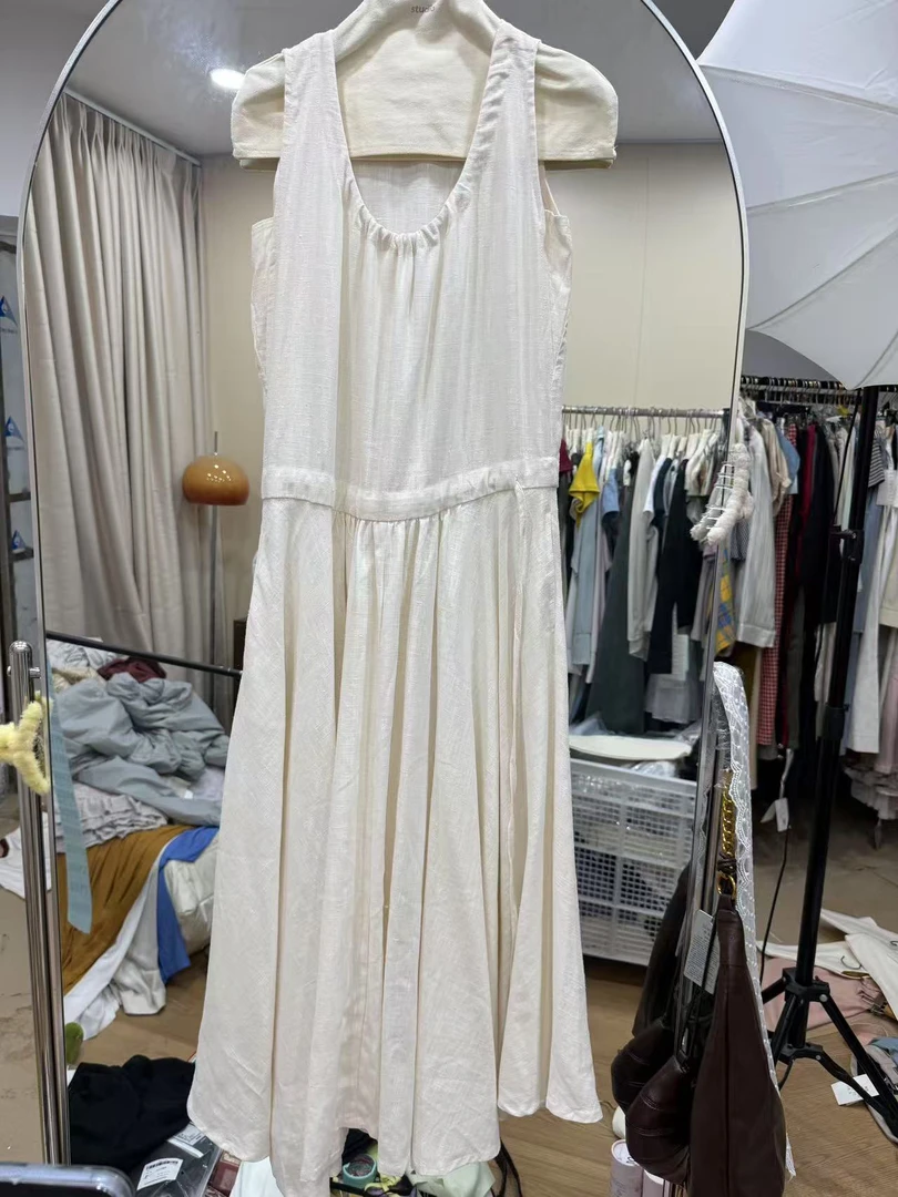 棉麻抽绳褶皱设计连衣裙3a3