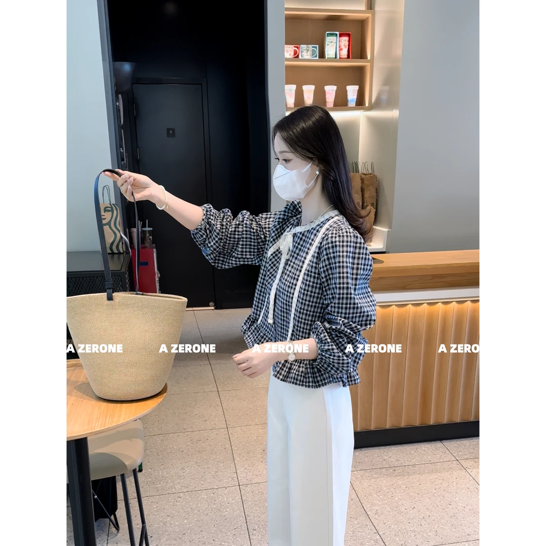 BK 新款韩系减龄蕾丝拼接花边格纹百搭小衫
