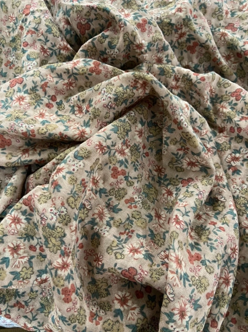 印花亚麻棉布料手工diy麻布花田园小碎花印花布料桌布幼儿园布料