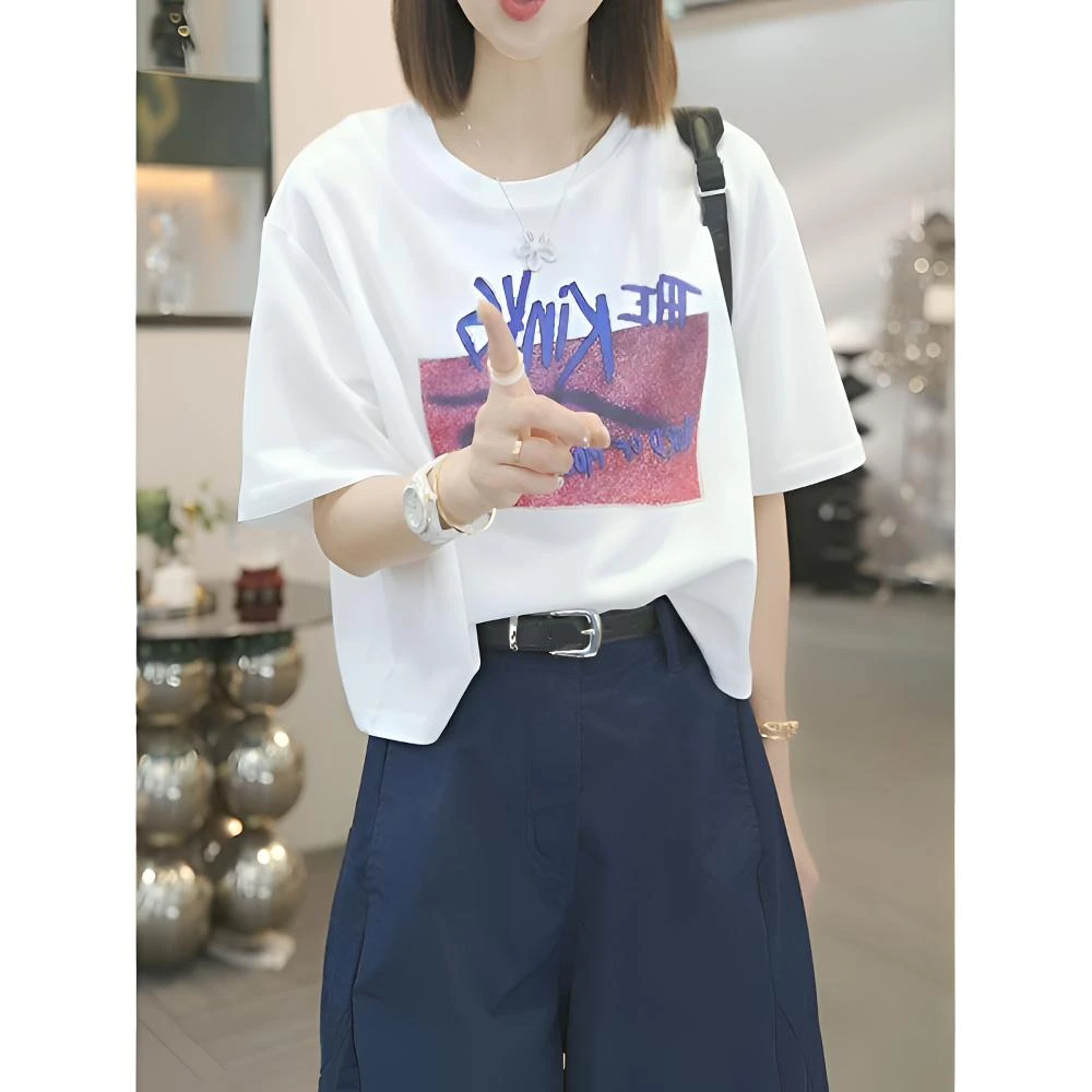 香朵儿字母印花圆领百搭短袖T恤2025年夏季新款时尚感洋气衣服女