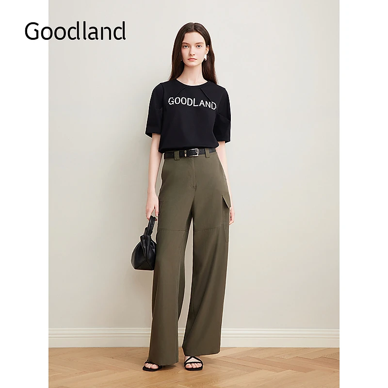 Goodland美地女装2025夏新款工装休闲风莱赛尔天丝直筒阔腿裤长裤