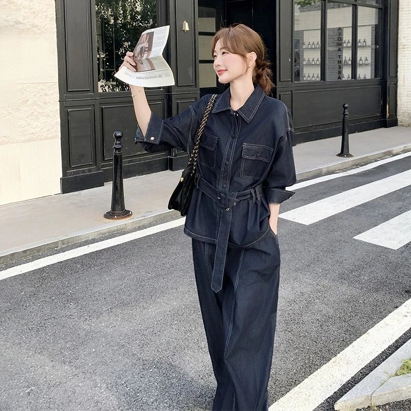 明线牛仔收腰衬衫阔腿裤套装女2025秋季新款松弛感ootd穿搭两件套